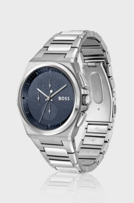 Blue-dial chronograph watch with link bracelet, Silver