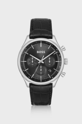 Chronograph watch with crocodile leather strap, Assorted-Pre-Pack