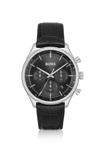 Chronograph watch with crocodile leather strap, Assorted-Pre-Pack