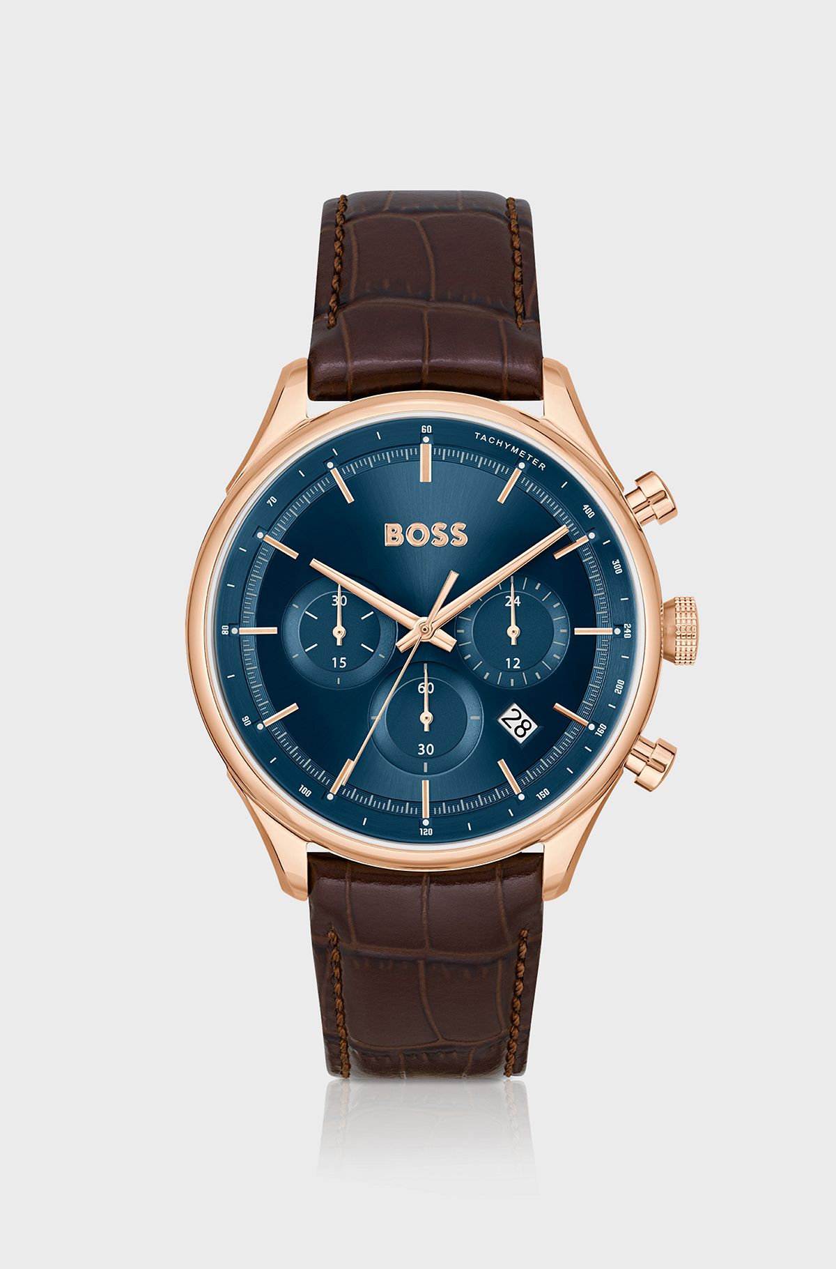 Gold-tone chronograph watch with brown leather strap, Dark Brown