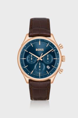 Gold-tone chronograph watch with brown leather strap, Dark Brown