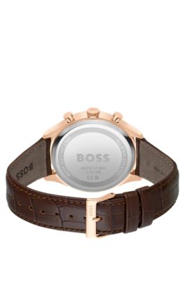 Gold-tone chronograph watch with brown leather strap, Dark Brown