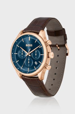 Gold-tone chronograph watch with brown leather strap, Dark Brown
