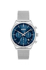 Blue-dial chronograph watch with mesh bracelet, Silver