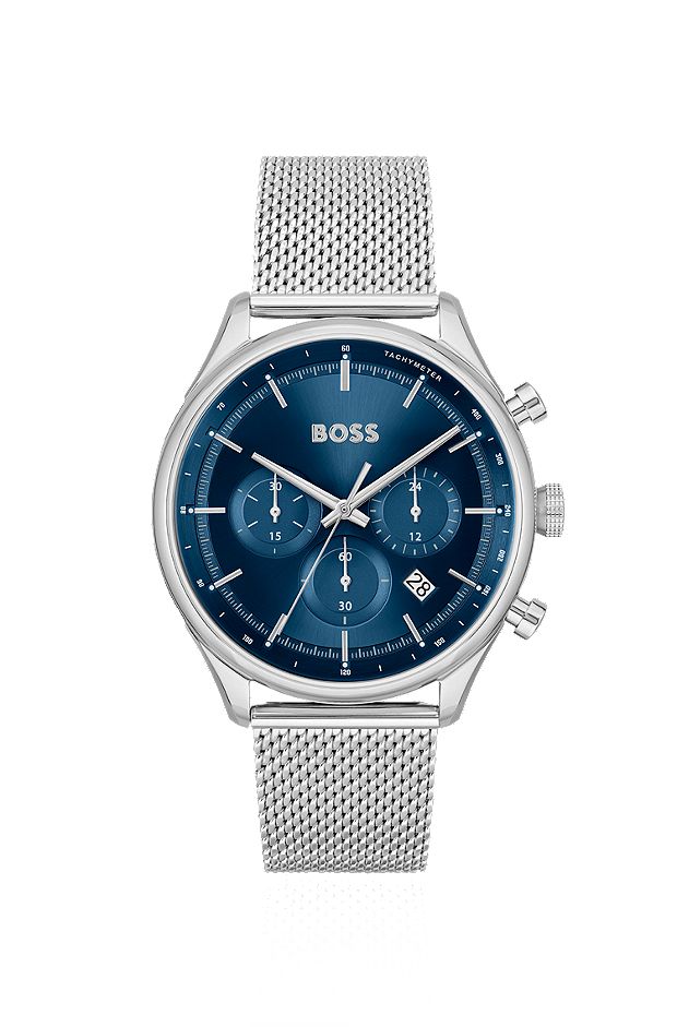 Blue-dial chronograph watch with mesh bracelet, Silver