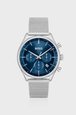 Blue-dial chronograph watch with mesh bracelet, Silver