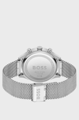 Blue-dial chronograph watch with mesh bracelet, Silver