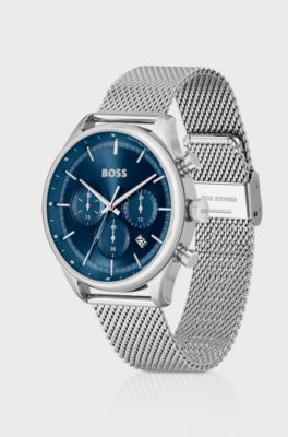 Blue-dial chronograph watch with mesh bracelet, Silver