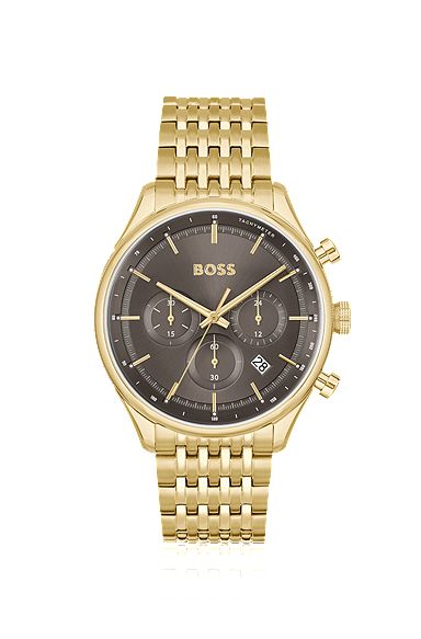 Gold-tone chronograph watch with brown dial, Gold