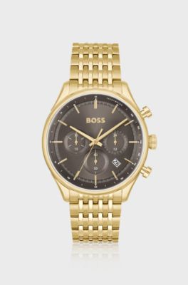 Gold-tone chronograph watch with brown dial, Gold