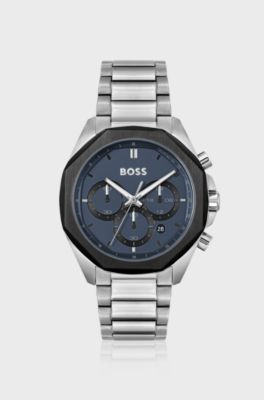 Blue-dial chronograph watch with link bracelet, Silver