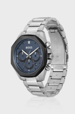 Blue-dial chronograph watch with link bracelet, Silver