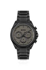 Montre chronographe en acier plaqué noir avec bracelet à maillons, Noir