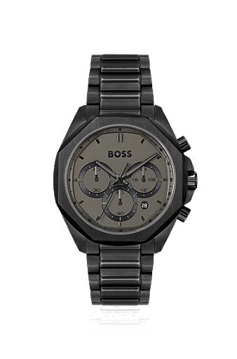 Black-plated chronograph watch with link bracelet, Black