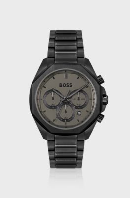 Black-plated chronograph watch with link bracelet, Black