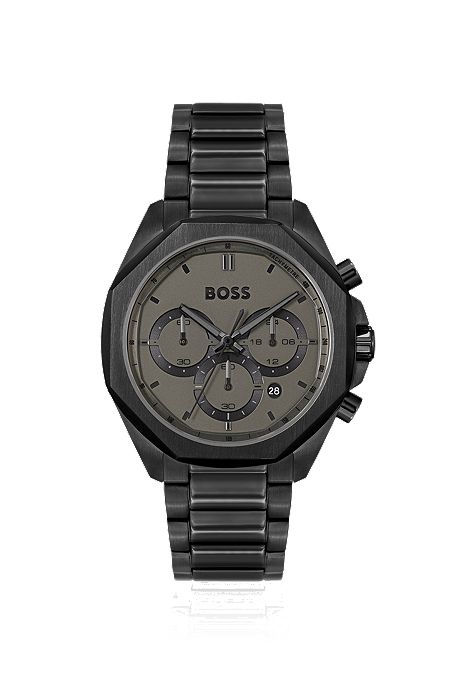 Black-plated chronograph watch with link bracelet, Black