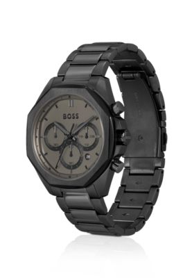 Black-plated chronograph watch with link bracelet, Black