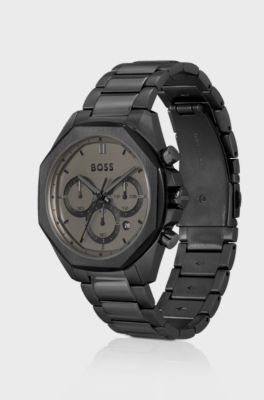 Black-plated chronograph watch with link bracelet, Black