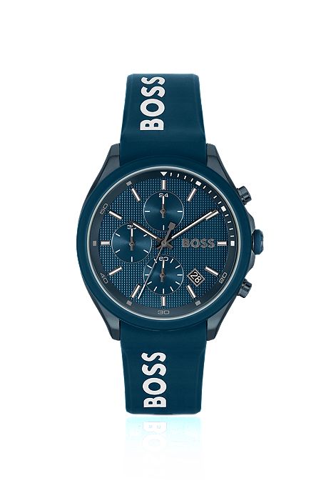 Blue-plated chronograph watch with blue silicone strap, Dark Blue