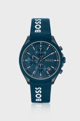 Blue-plated chronograph watch with blue silicone strap, Dark Blue
