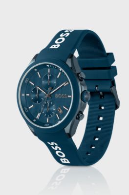 Blue-plated chronograph watch with blue silicone strap, Dark Blue