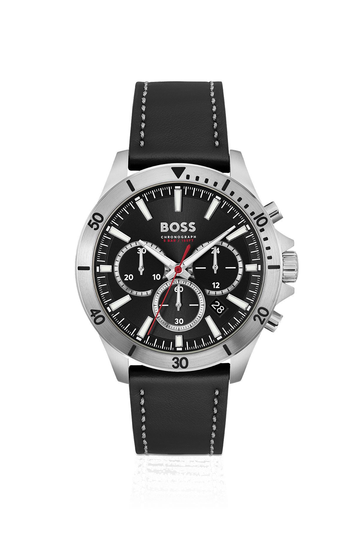 Multi-eye chronograph watch with black leather strap, Black