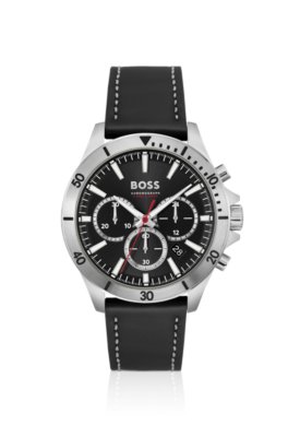Montre chronographe à sous-cadrans avec bracelet en cuir noir