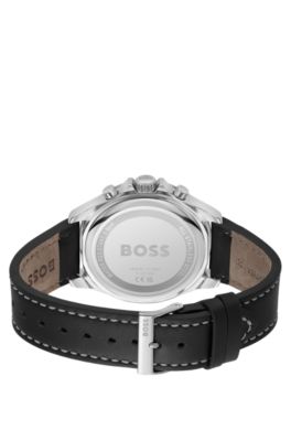 Multi-eye chronograph watch with black leather strap, Black