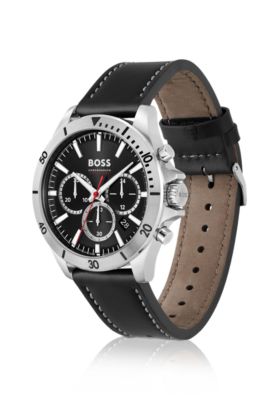 Multi-eye chronograph watch with black leather strap, Black