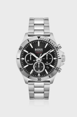 Black-dial chronograph watch with link bracelet, Silver