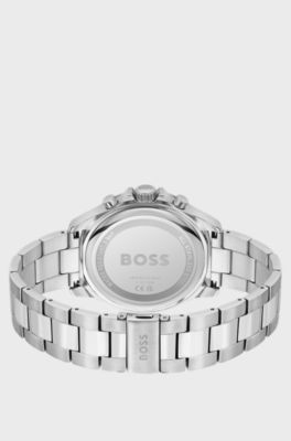 Black-dial chronograph watch with link bracelet, Silver