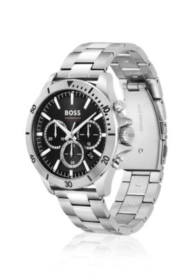 Black-dial chronograph watch with link bracelet, Silver