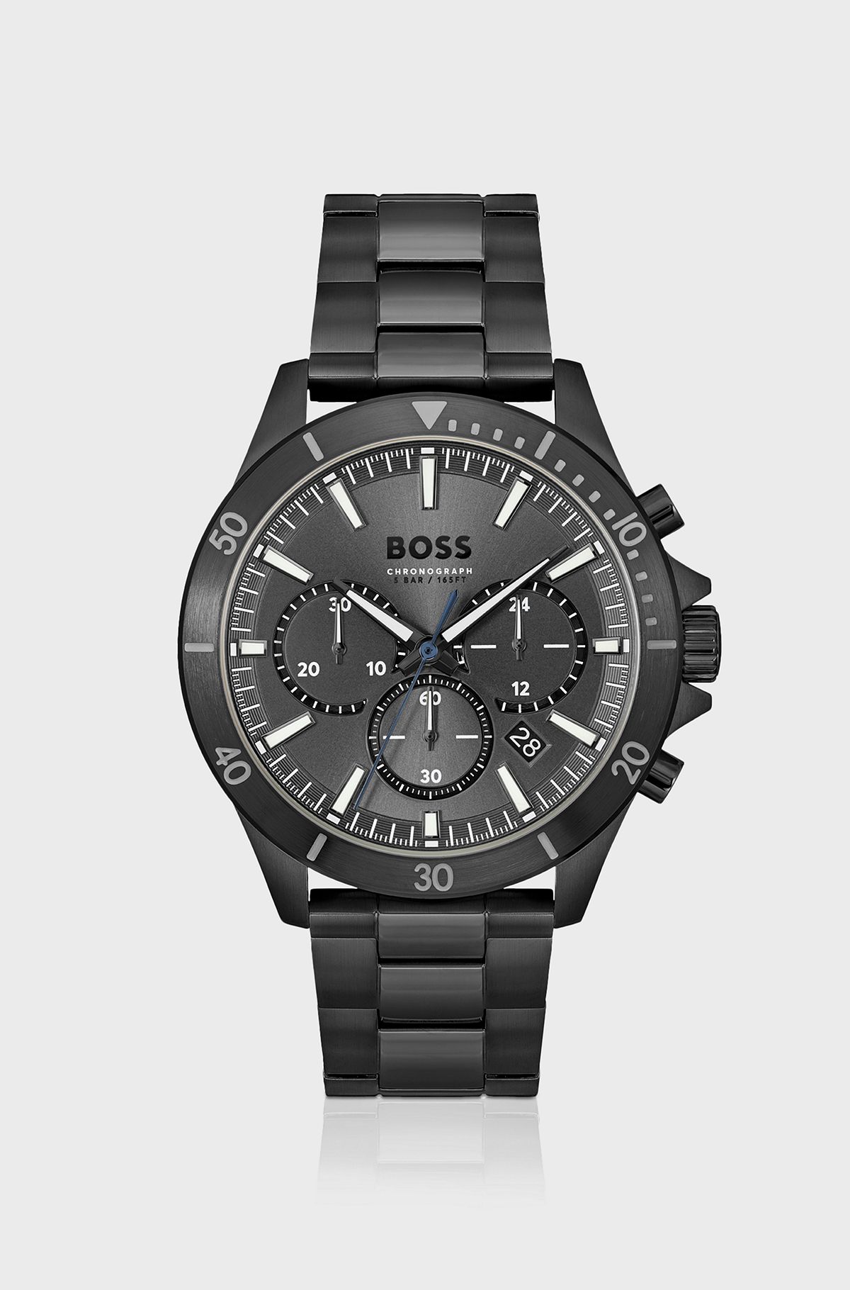Black-plated chronograph watch with link bracelet, Dark Grey