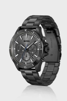 Black-plated chronograph watch with link bracelet, Dark Grey
