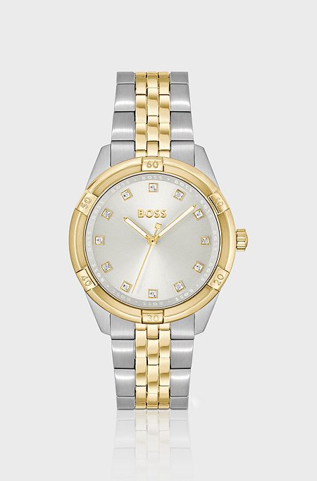 Two-tone watch with crystal-studded silver-white dial, Silver