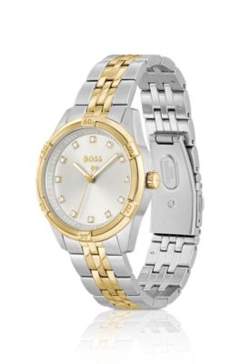 Two-tone watch with crystal-studded silver-white dial, Silver