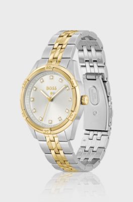 Two-tone watch with crystal-studded silver-white dial, Silver