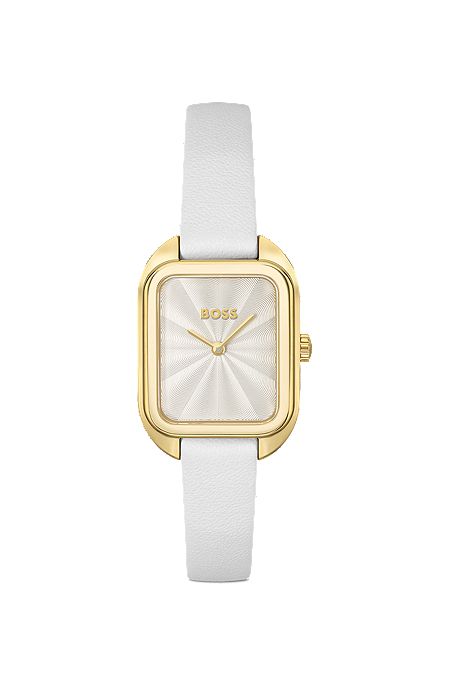 Rechteckige Uhr in Gold-Optik mit weißem Lederarmband, Weiß