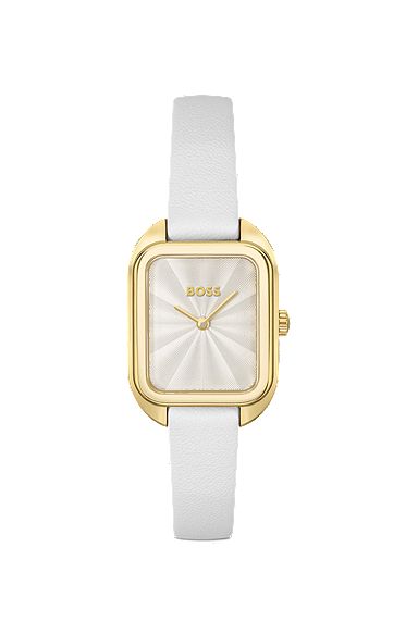 Goudkleurig, rechthoekig horloge met polsband van wit leer, Wit