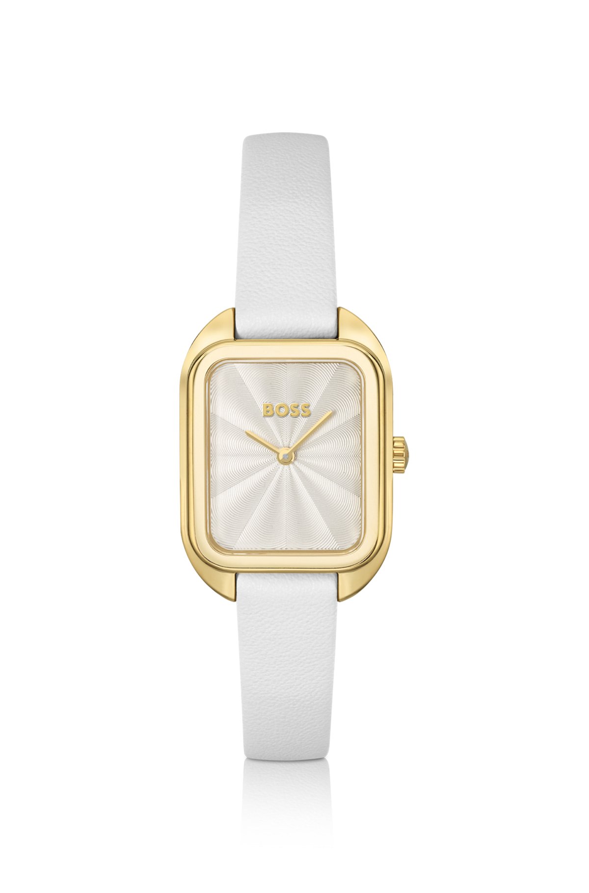 Gold-tone rectangular watch with white leather strap, White
