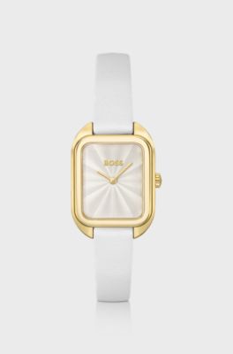 Gold-tone rectangular watch with white leather strap, White