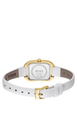Gold-tone rectangular watch with white leather strap, White