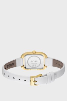 Gold-tone rectangular watch with white leather strap, White