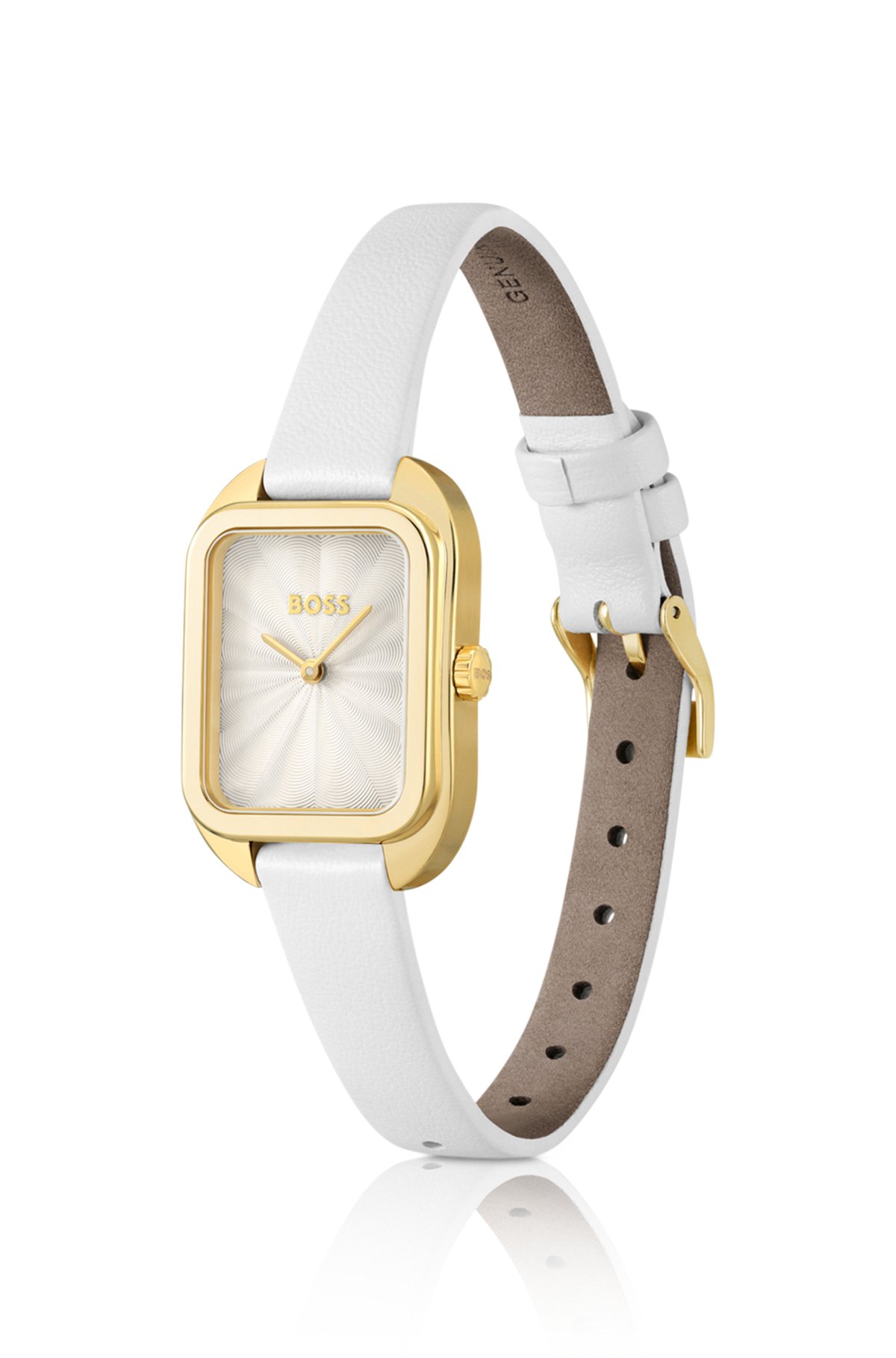 Gold-tone rectangular watch with white leather strap, White