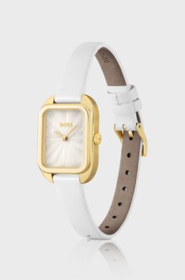 Gold-tone rectangular watch with white leather strap, White