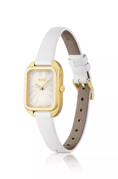 Gold-tone rectangular watch with white leather strap