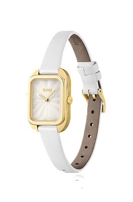 BOSS - Gold-tone rectangular watch with white leather strap