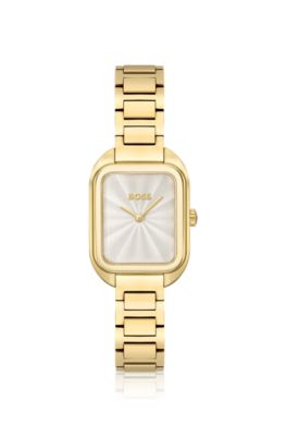 Gold-tone rectangular watch with link bracelet, Gold