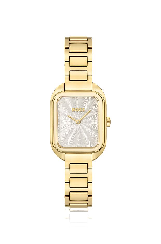 Gold-tone rectangular watch with link bracelet, Gold