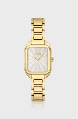 Gold-tone rectangular watch with link bracelet, Gold